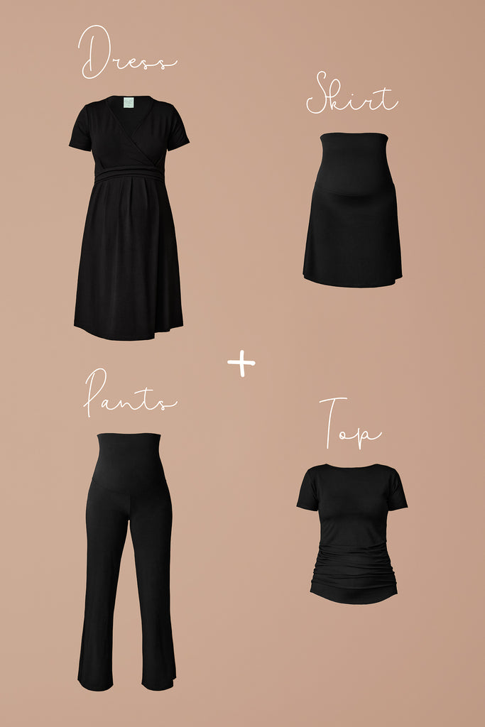 The Petit Kit’s 4 luxurious pieces, Dress, Skirt, Pants and Top in rich black. A maternity kit designed to blend with your new and existing wardrobe.
